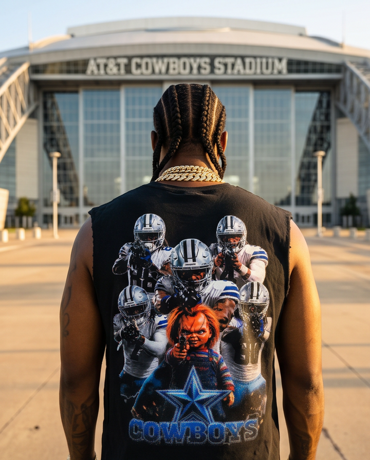 Chucky Cowboys Tank Top - Unique Black Snow-Washed Raw-Hem Tank for Urban Casual Wear (L) - Demmi Godz Clothing Company