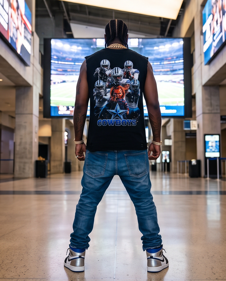 Chucky Cowboys Tank Top - Unique Black Snow-Washed Raw-Hem Tank for Urban Casual Wear (L) - Demmi Godz Clothing Company