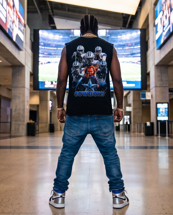 Chucky Cowboys Tank Top - Unique Black Snow-Washed Raw-Hem Tank for Urban Casual Wear (L) - Demmi Godz Clothing Company