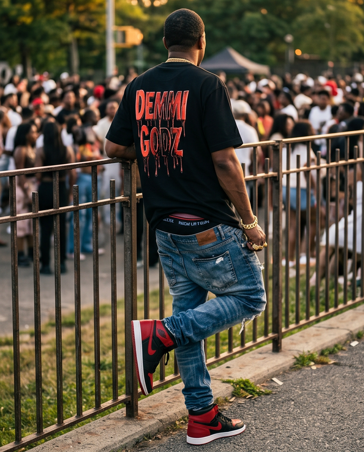 Black Heavyweight Streetwear Tee - Mens Urban T Shirts - XLarge Black Waffle Knit Mineral-Washed - Boy With Money on His Mind - Demmi Godz Clothing Company