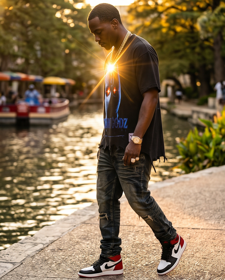 One-of-a-Kind Black Snow Washed Streetwear Graphic Oversized Medium Mens Urban T Shirts - Demmi Godz Clothing Company