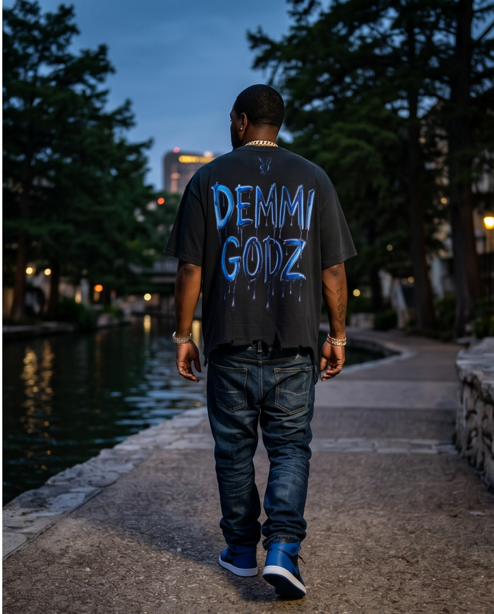 One-of-a-Kind Black Snow Washed Streetwear Graphic Oversized Medium Mens Urban T Shirts - Demmi Godz Clothing Company
