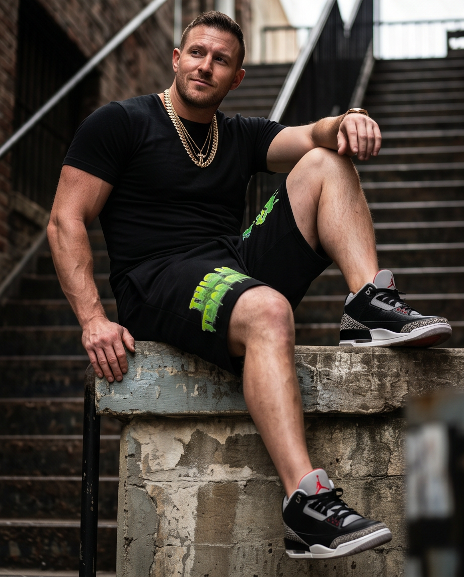 Title Black Heavyweight Drawstring Graphic Shorts — XL — “The Splash’in Alligator” — One‑of‑a‑Kind Streetwear