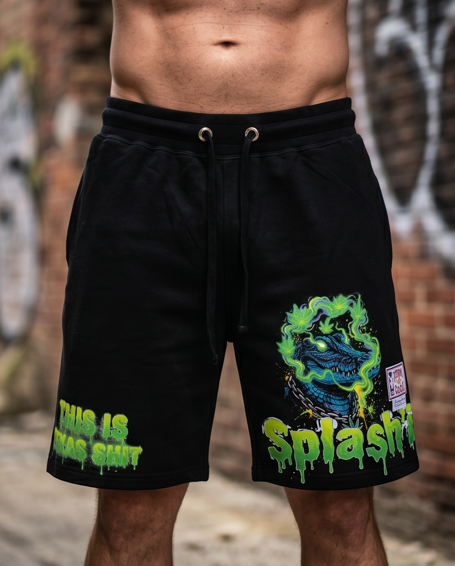 Title Black Heavyweight Drawstring Graphic Shorts — XL — “The Splash’in Alligator” — One‑of‑a‑Kind Streetwear