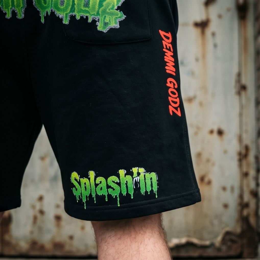 Title Black Heavyweight Drawstring Graphic Shorts — XL — “The Splash’in Alligator” — One‑of‑a‑Kind Streetwear