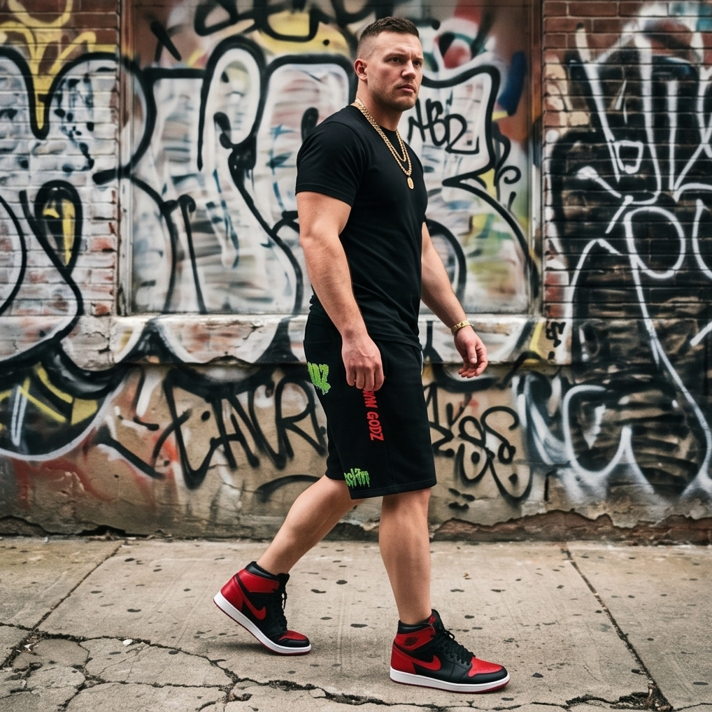 Title Black Heavyweight Drawstring Graphic Shorts — XL — “The Splash’in Alligator” — One‑of‑a‑Kind Streetwear