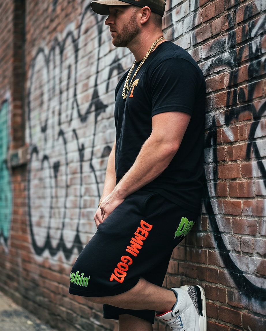 Title Black Heavyweight Drawstring Graphic Shorts — XL — “The Splash’in Alligator” — One‑of‑a‑Kind Streetwear