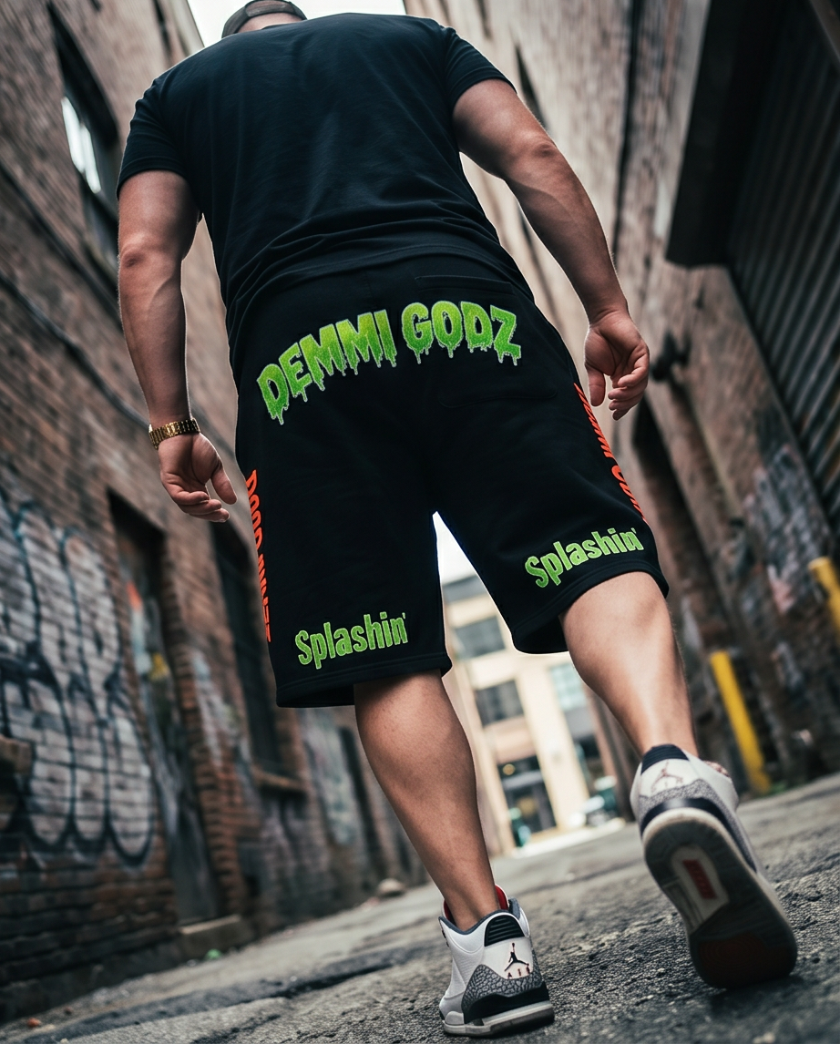 Title Black Heavyweight Drawstring Graphic Shorts — XL — “The Splash’in Alligator” — One‑of‑a‑Kind Streetwear