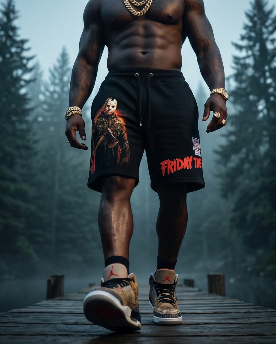 "Demmi Godz Friday 13th" — Black Heavyweight Streetwear Shorts (Large) — One-of-a-Kind