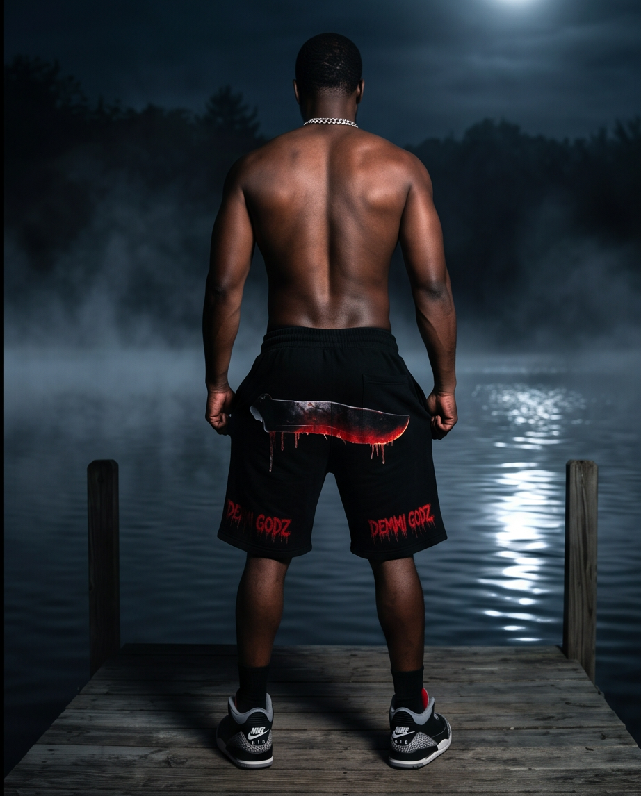 "Demmi Godz Friday 13th" — Black Heavyweight Streetwear Shorts (Large) — One-of-a-Kind