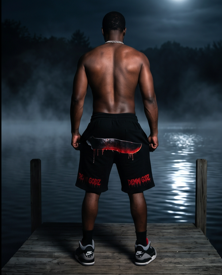 Demmi Godz Friday 13th Shorts - Black Heavyweight Streetwear for Men, Large and One-of-a-Kind - Demmi Godz Clothing Company