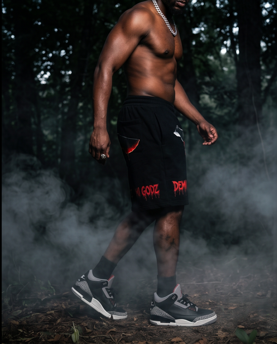 "Demmi Godz Friday 13th" — Black Heavyweight Streetwear Shorts (Large) — One-of-a-Kind