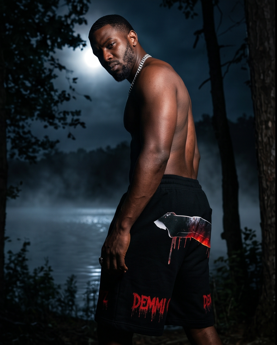 "Demmi Godz Friday 13th" — Black Heavyweight Streetwear Shorts (Large) — One-of-a-Kind