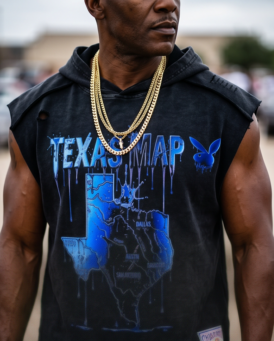 Black Snow-Washed Oversized Cut-Off Tank Top Hoodie — Small — One-of-a-Kind “Texas Made” Map Graphic