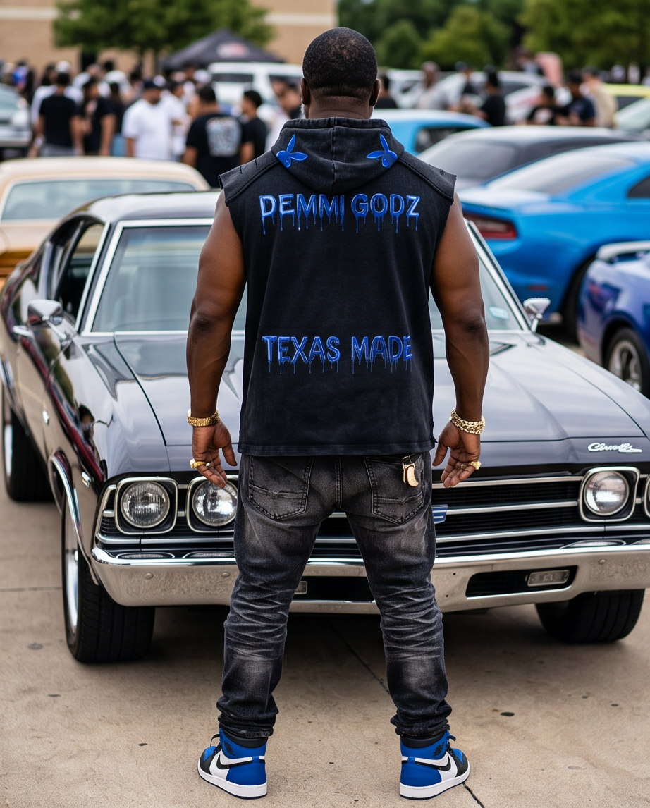 Black Snow-Washed Oversized Cut-Off Tank Top Hoodie — Small — One-of-a-Kind “Texas Made” Map Graphic