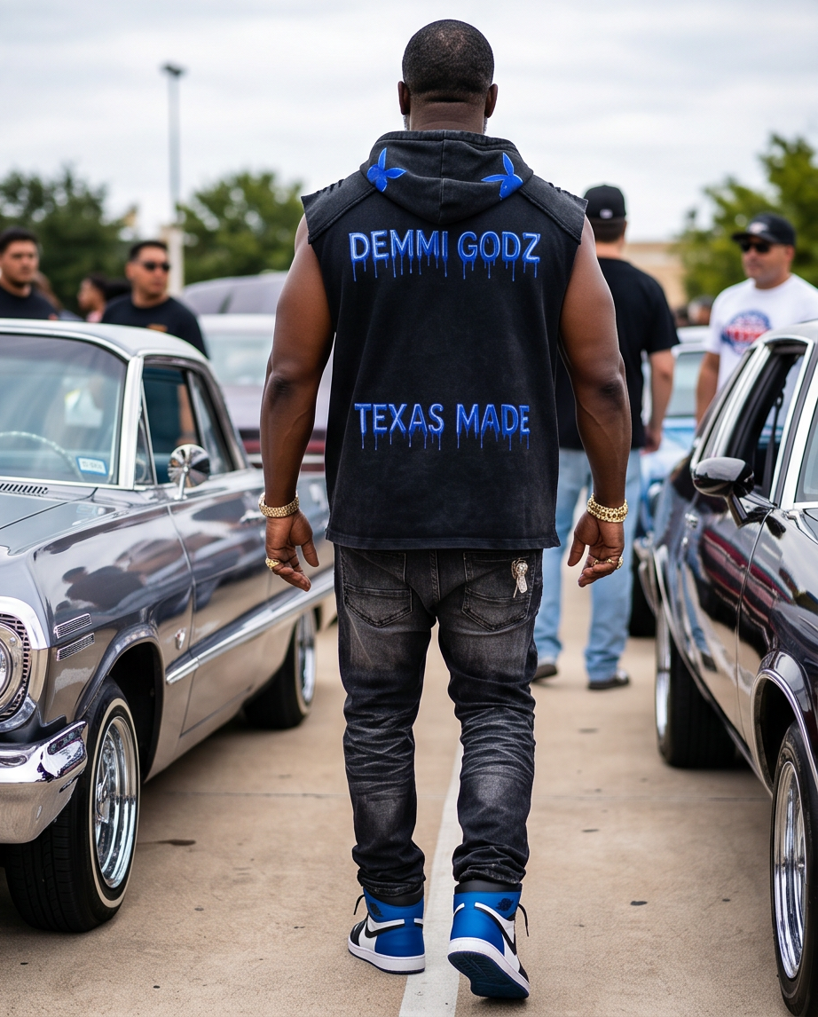 Black Snow-Washed Oversized Cut-Off Tank Top Hoodie — Small — One-of-a-Kind “Texas Made” Map Graphic