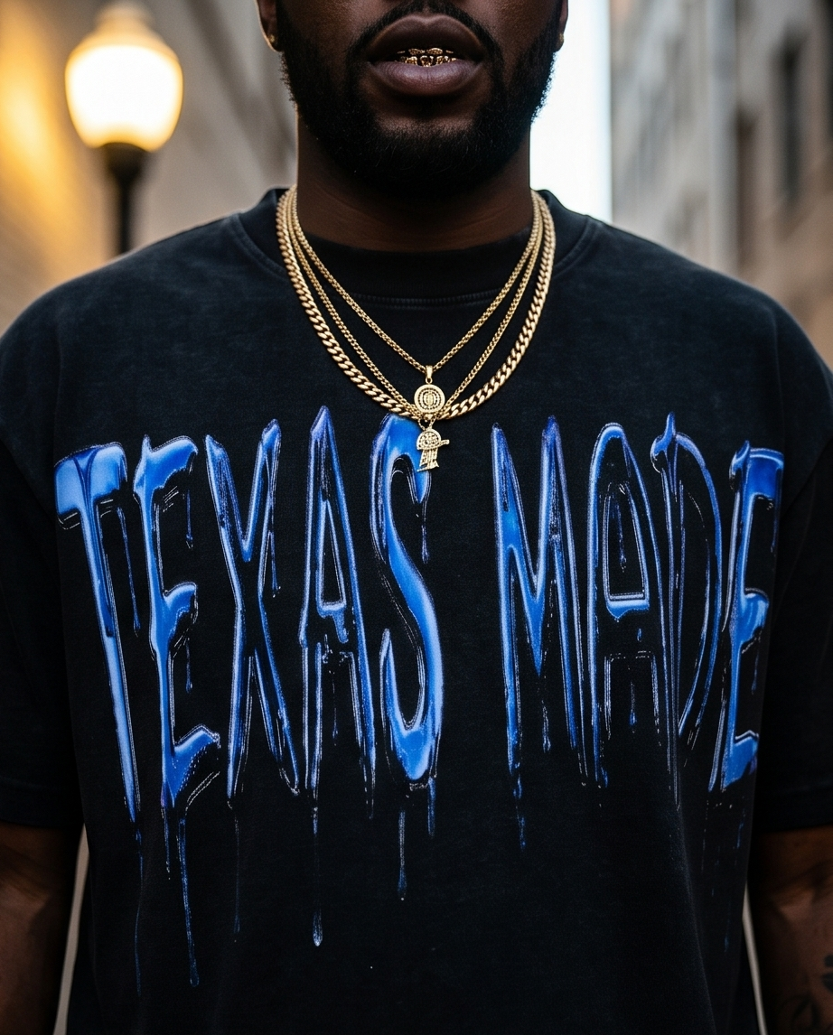 Black Mineral-Washed Oversized Waffle Knit Tee — XLarge — One-of-a-Kind “Texas Made Blue Drip Gizmo”