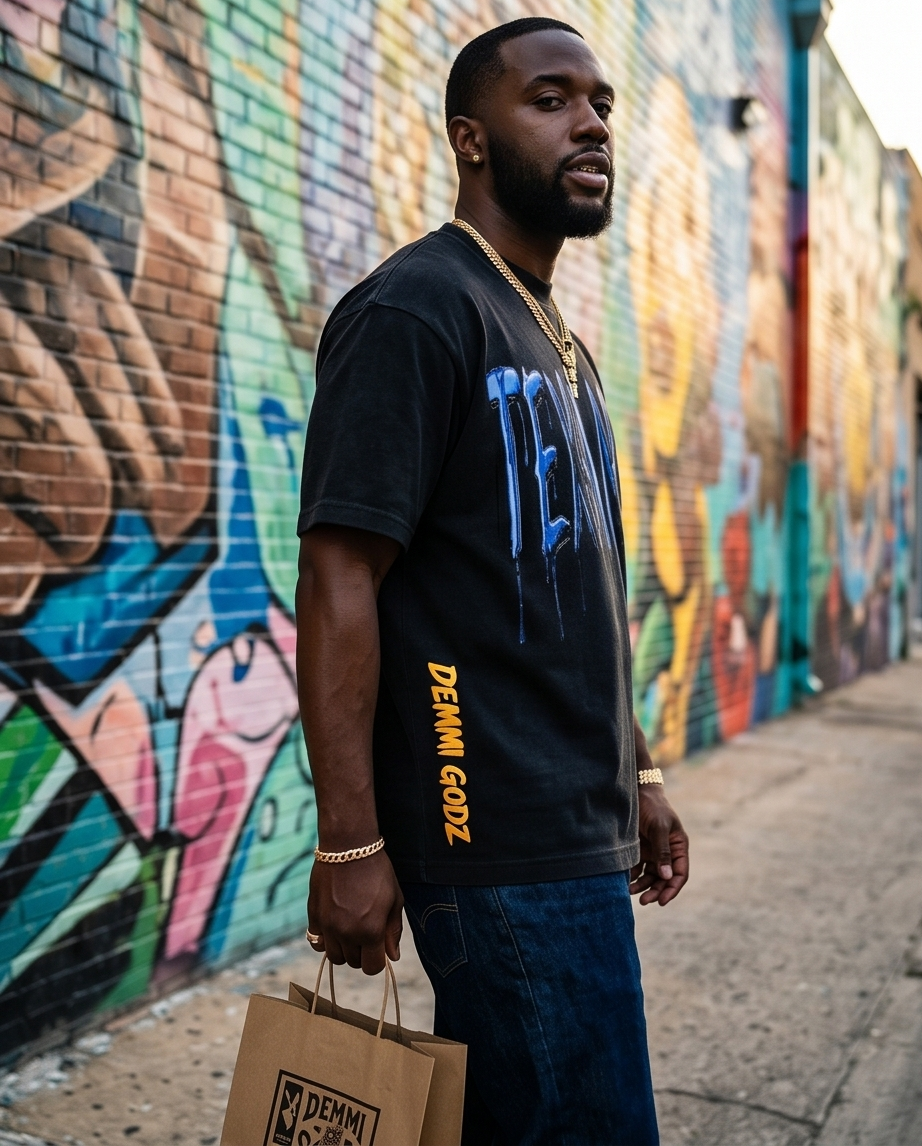 Black Mineral-Washed Oversized Waffle Knit Tee — XLarge — One-of-a-Kind “Texas Made Blue Drip Gizmo”