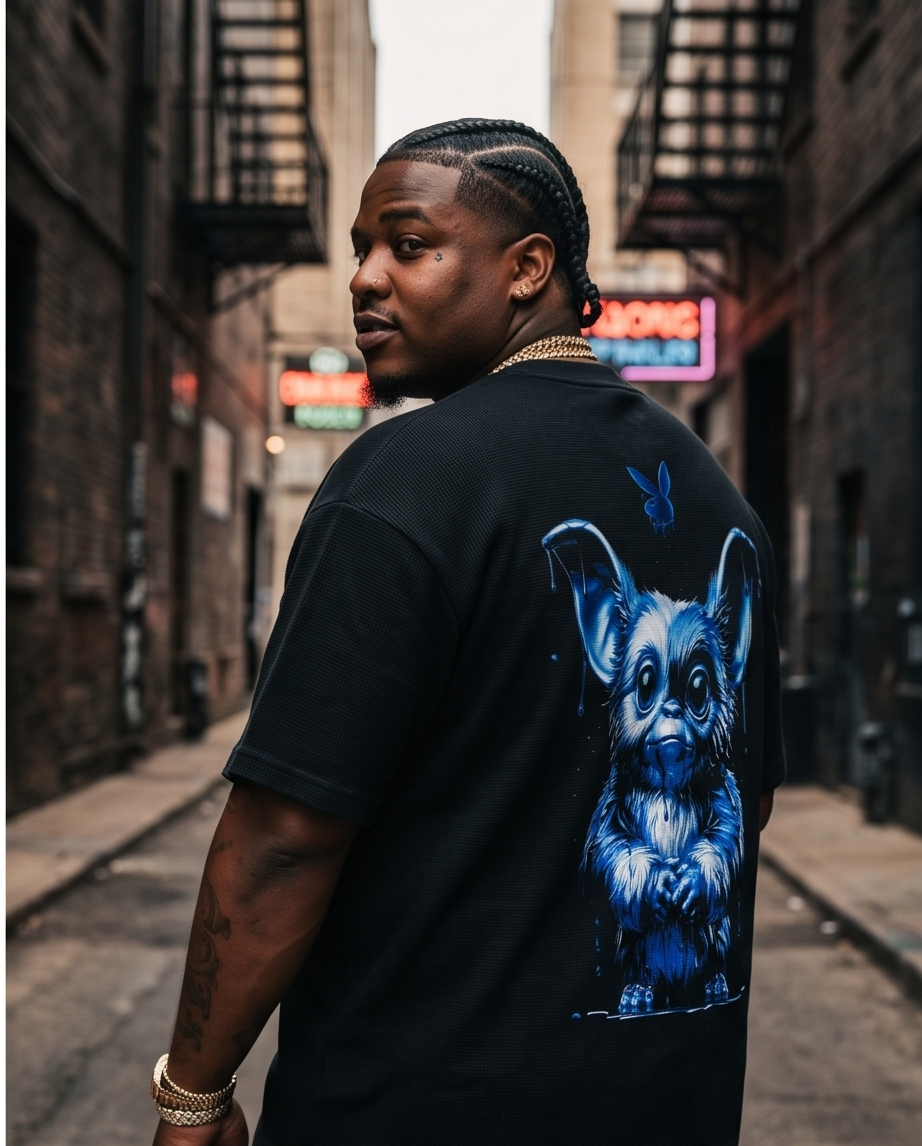Black Mineral-Washed Oversized Waffle Knit Tee — XLarge — One-of-a-Kind “Texas Made Blue Drip Gizmo”