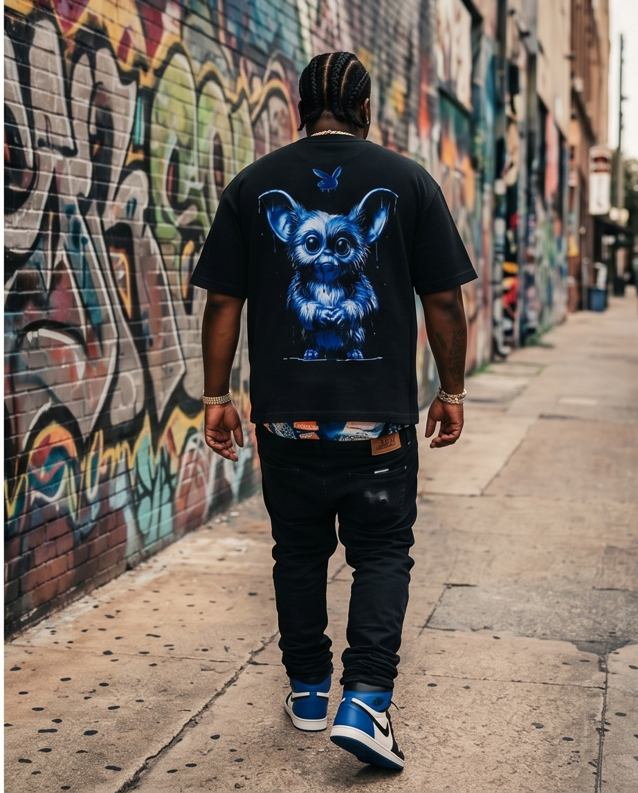 Black Mineral-Washed Oversized Waffle Knit Tee — XLarge — One-of-a-Kind “Texas Made Blue Drip Gizmo”
