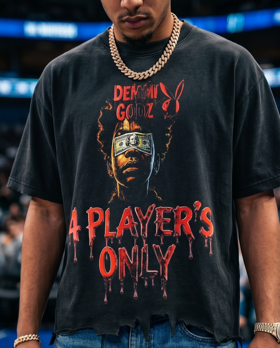 Black Snow-Washed Oversized Crop Tee — Distressed “Born With Game” (Large) — One-of-a-Kind Urban Streetwear
