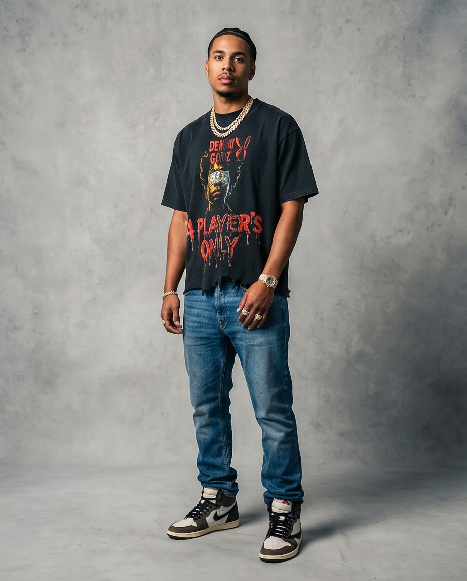 Black Snow-Washed Oversized Crop Tee — Distressed “Born With Game” (Large) — One-of-a-Kind Urban Streetwear