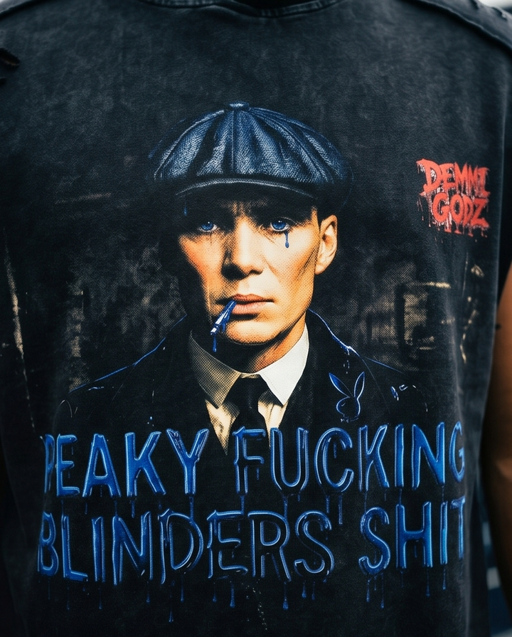 Black Oversized Tank Top Hoodie - Unique Snow Washed Design, Urban Streetwear "Hood Peaky Blinders" - Demmi Godz Clothing Company