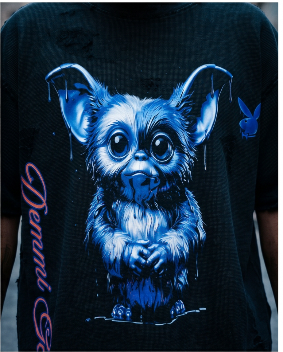 "Blue Drip'in Gizmo" — Black Mineral-Washed Oversized Waffle Knit Tee (2XL) — Distressed One-of-a-Kind