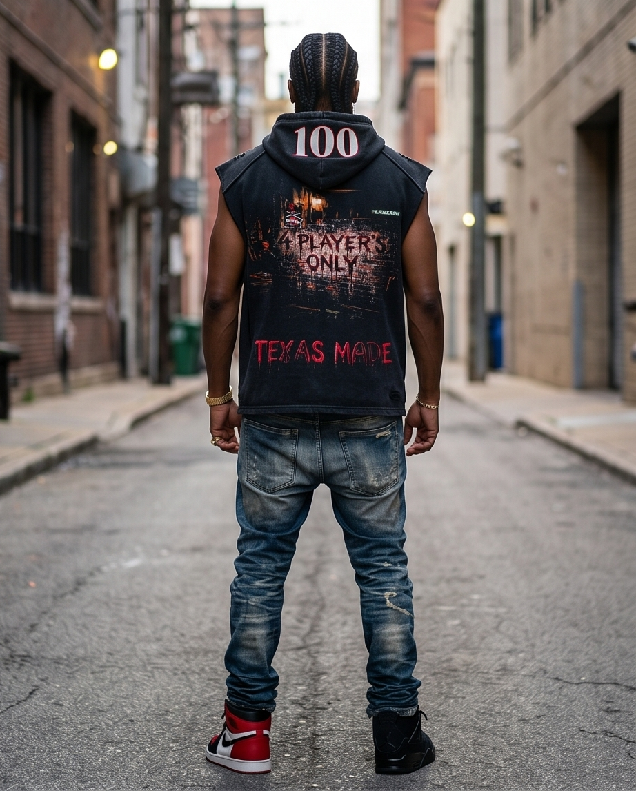 Oversized Cut-Off Snow-Wash Hoodie Tank — Tattered Shoulder & Raw Hem (Dallas, TX - One‑of‑a‑Kind)