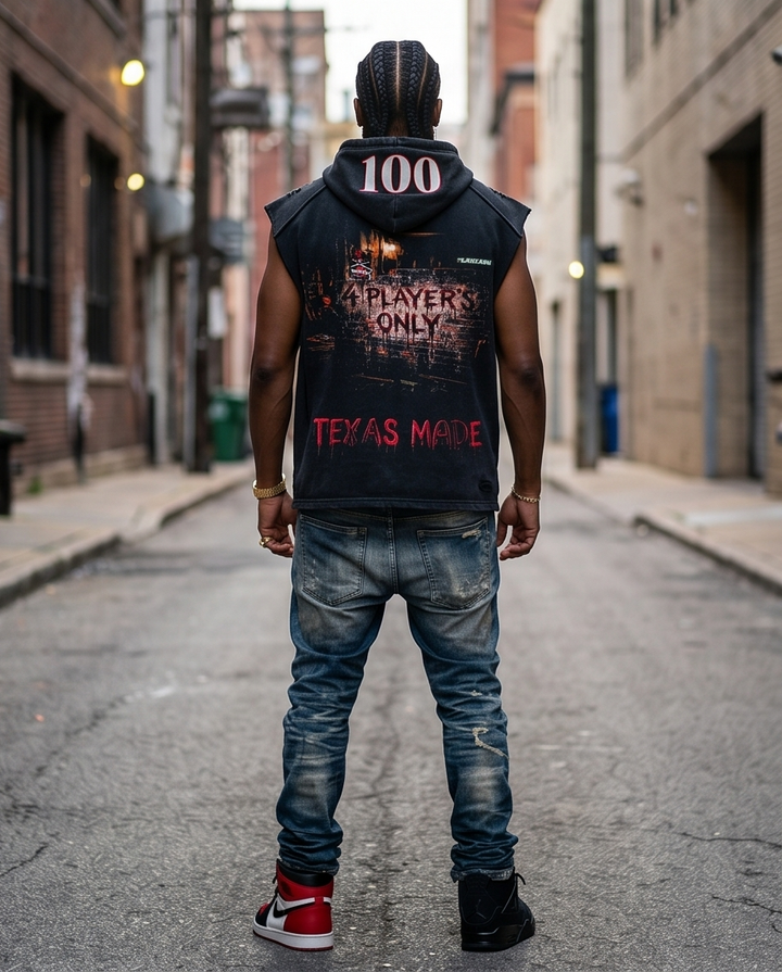 Oversized Snow-Wash Hoodie Tank for Men - Tattered Shoulder &amp; Raw Hem Streetwear (Dallas, TX - One-of-a-Kind) - Demmi Godz Clothing Company