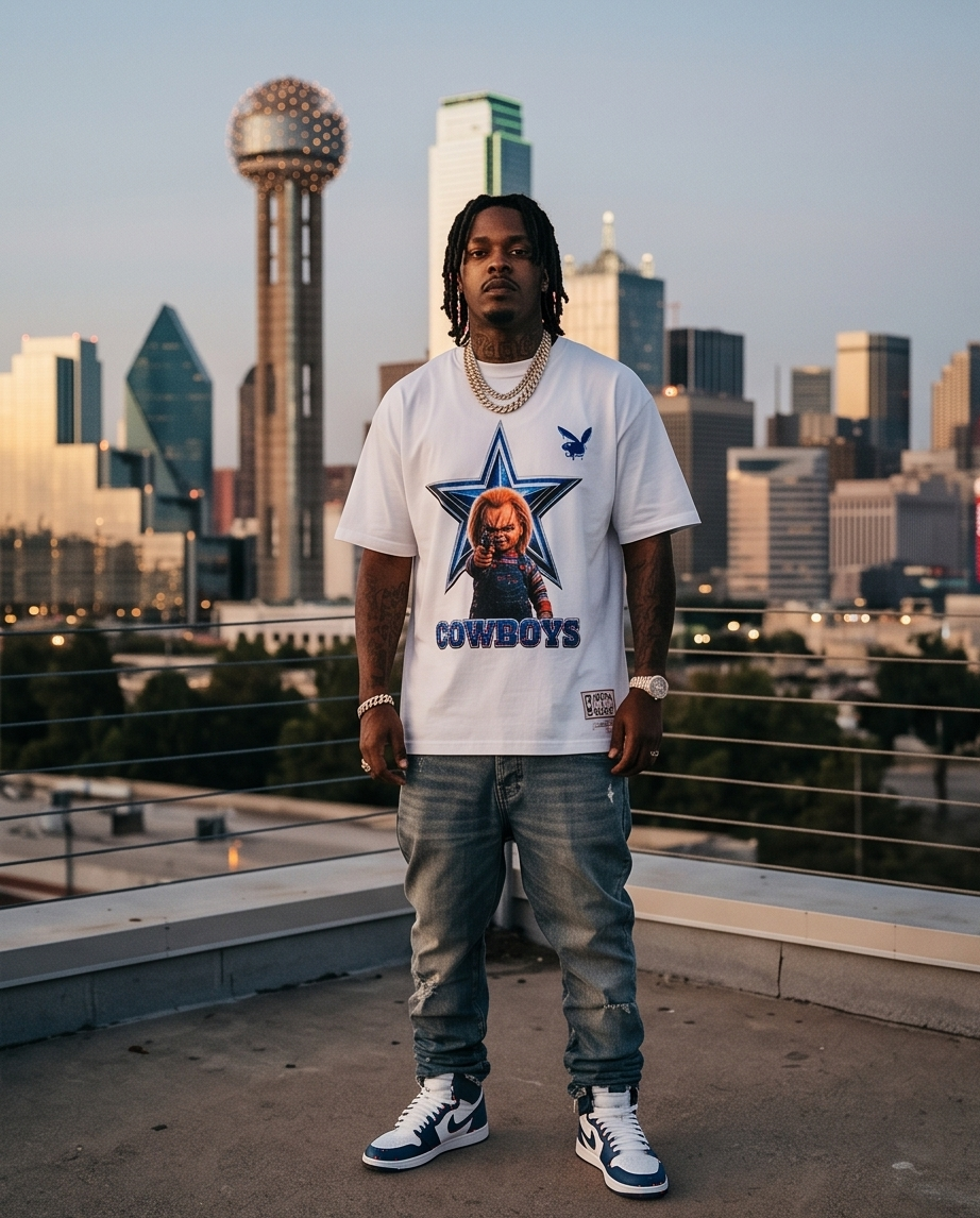 "Chucky The Cowboy" — White Heavyweight 7oz Streetwear T‑Shirt (XL) — One‑of‑a‑Kind Urban Tee