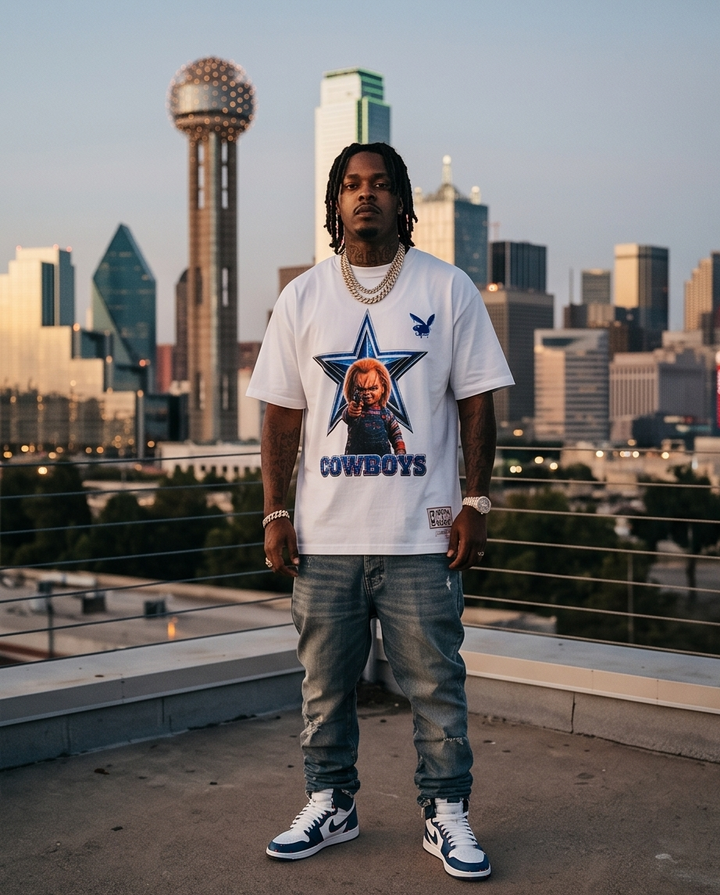 Chucky Cowboy T-Shirt - XL White Heavyweight 7oz Graphic Tee for Men - Unique Urban Fashion - Demmi Godz Clothing Company