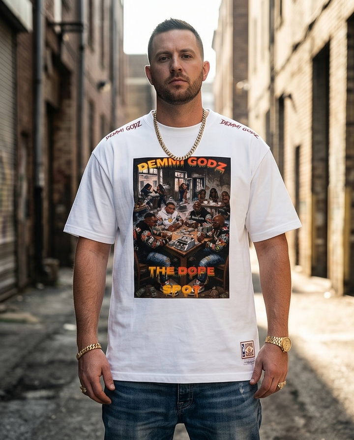 The Dope Spot Lifestyle White Heavyweight 7oz T-Shirt (XL) - Urban Streetwear Graphic T-Shirt for Men - Demmi Godz Clothing Company
