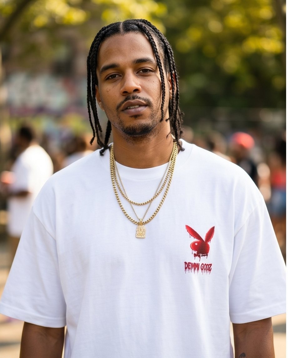 Demmi Godz "Red Playboy" — White 7oz Heavyweight X‑Large T-Shirt (Streetwear, One‑of‑a‑Kind)