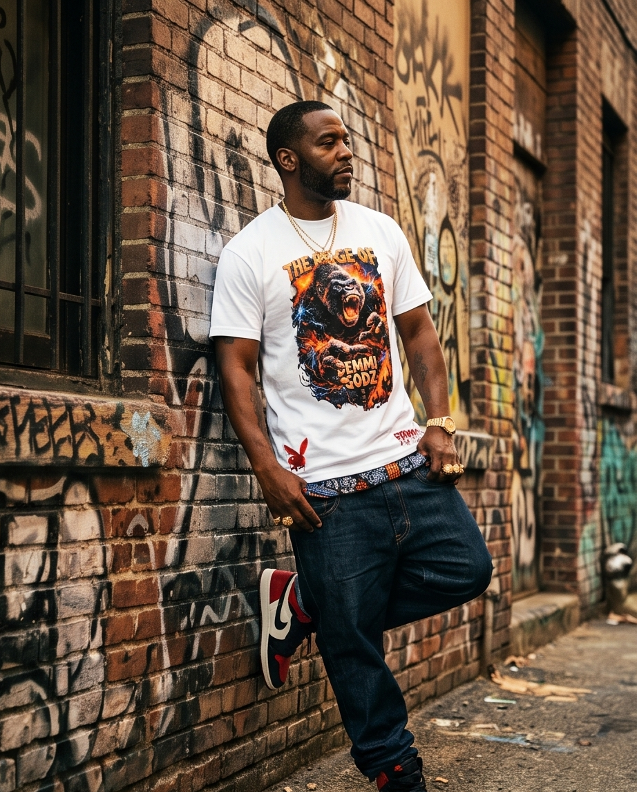 Rage of The Demmi Godz — White 7oz Heavyweight Medium Tee (Streetwear, One‑of‑a‑Kind)