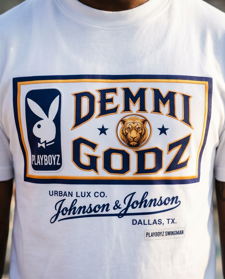 White Graphic T-Shirt for Men - 7oz Heavyweight Demmi Godz Signature Logo, Medium Size - Demmi Godz Clothing Company