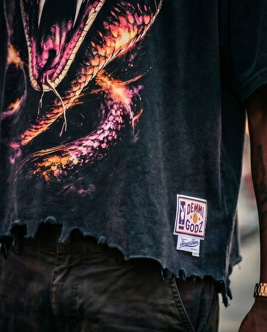 Oversized Snow-Washed Cropped Tee — Tattered Hem, X-Large — Streetwear One‑of‑a‑Kind “The Snake”