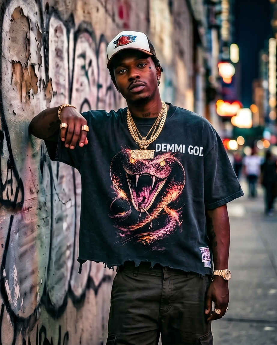 Oversized Snow-Washed Cropped Tee — Tattered Hem, X-Large — Streetwear One‑of‑a‑Kind “The Snake”