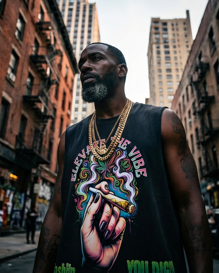 "Elevate The Vibe" — Oversized Vintage-Washed Sleeveless Tank Top, Distressed Hem, X-Large (One-of-a-Kind Streetwear)