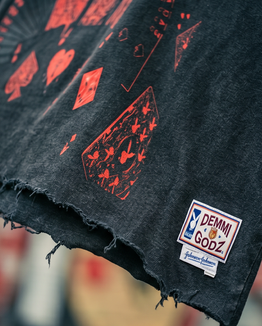 Oversized Snow‑Washed Men’s Crop Tee — Tattered Hem, XL | Streetwear One‑of‑a‑Kind — “Demmi Godz Card Game”