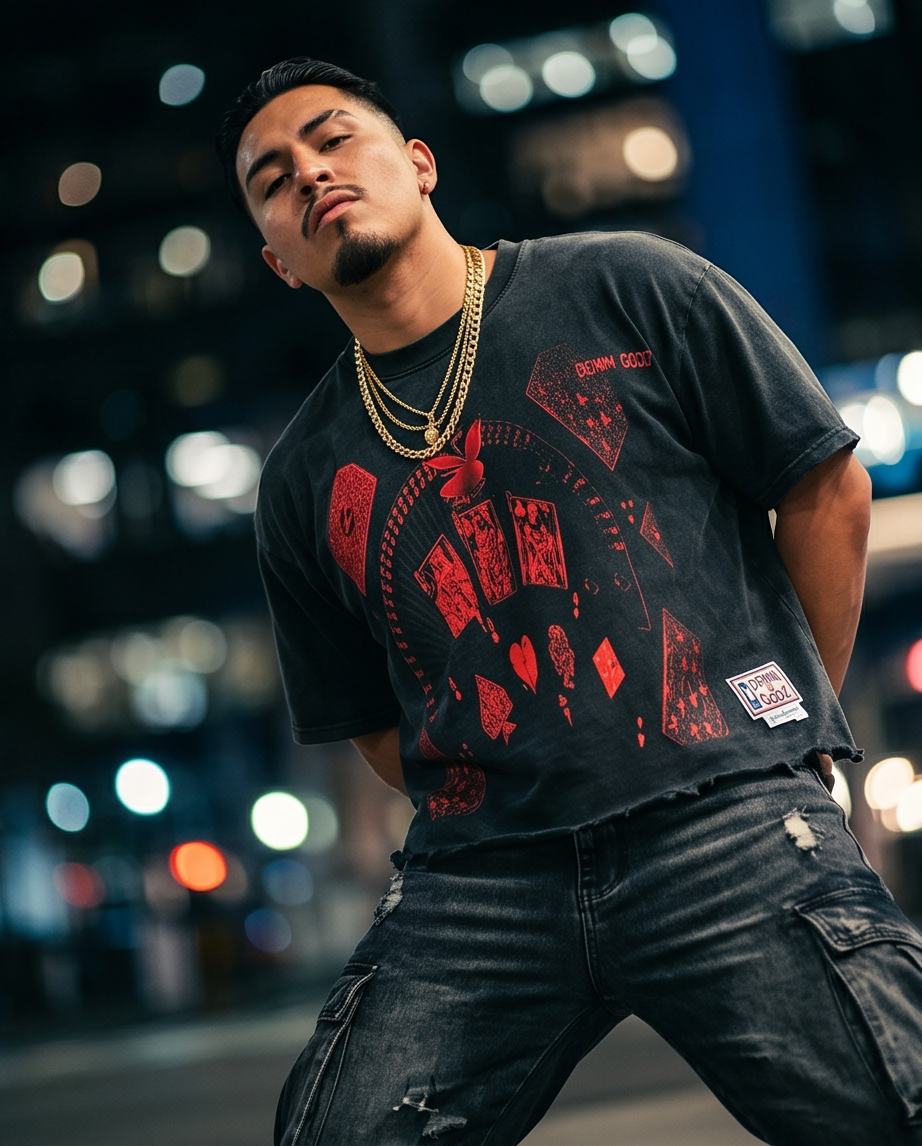 Oversized Snow‑Washed Men’s Crop Tee — Tattered Hem, XL | Streetwear One‑of‑a‑Kind — “Demmi Godz Card Game”