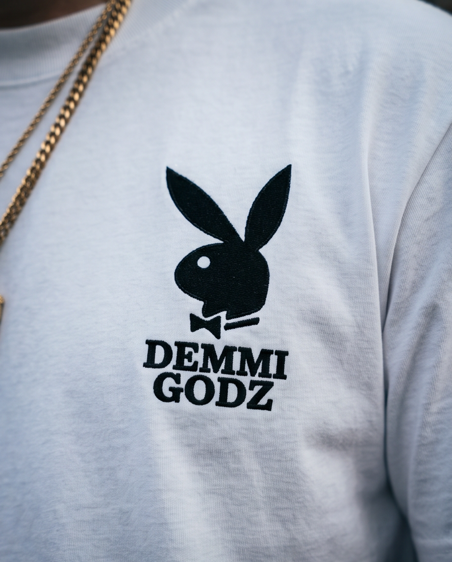 "The Playboy" White Heavyweight 7oz T‑Shirt — Small (One‑of‑a‑Kind)