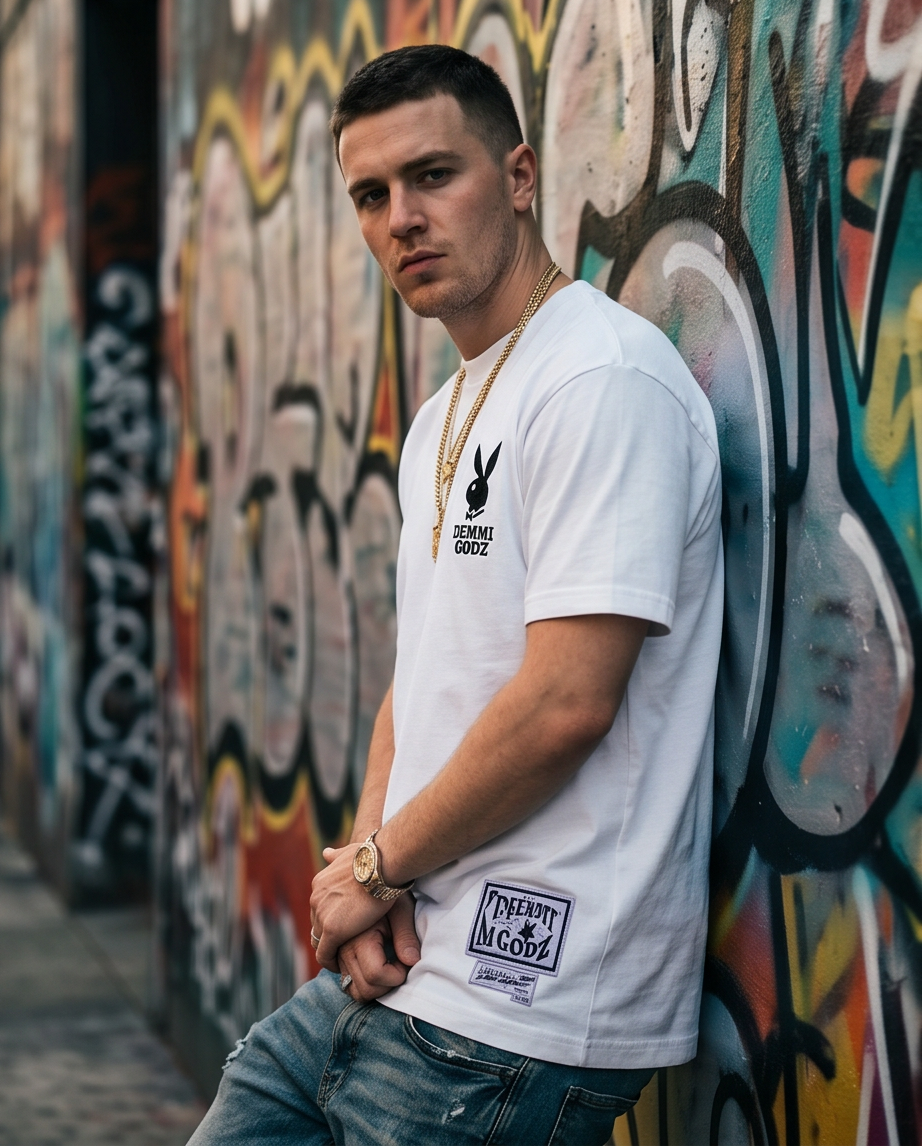 "The Playboy" White Heavyweight 7oz T‑Shirt — Small (One‑of‑a‑Kind)