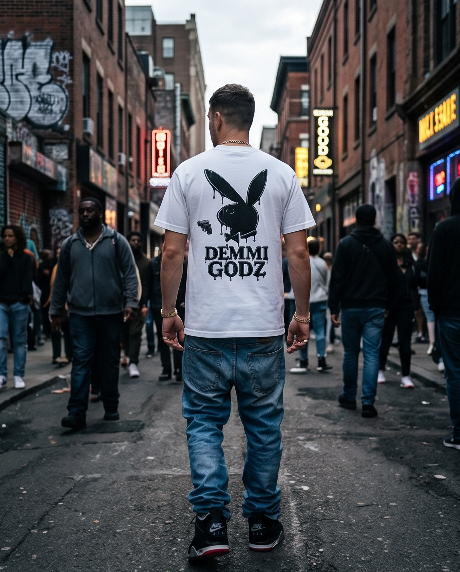 "The Playboy" White Heavyweight 7oz T‑Shirt — Small (One‑of‑a‑Kind)