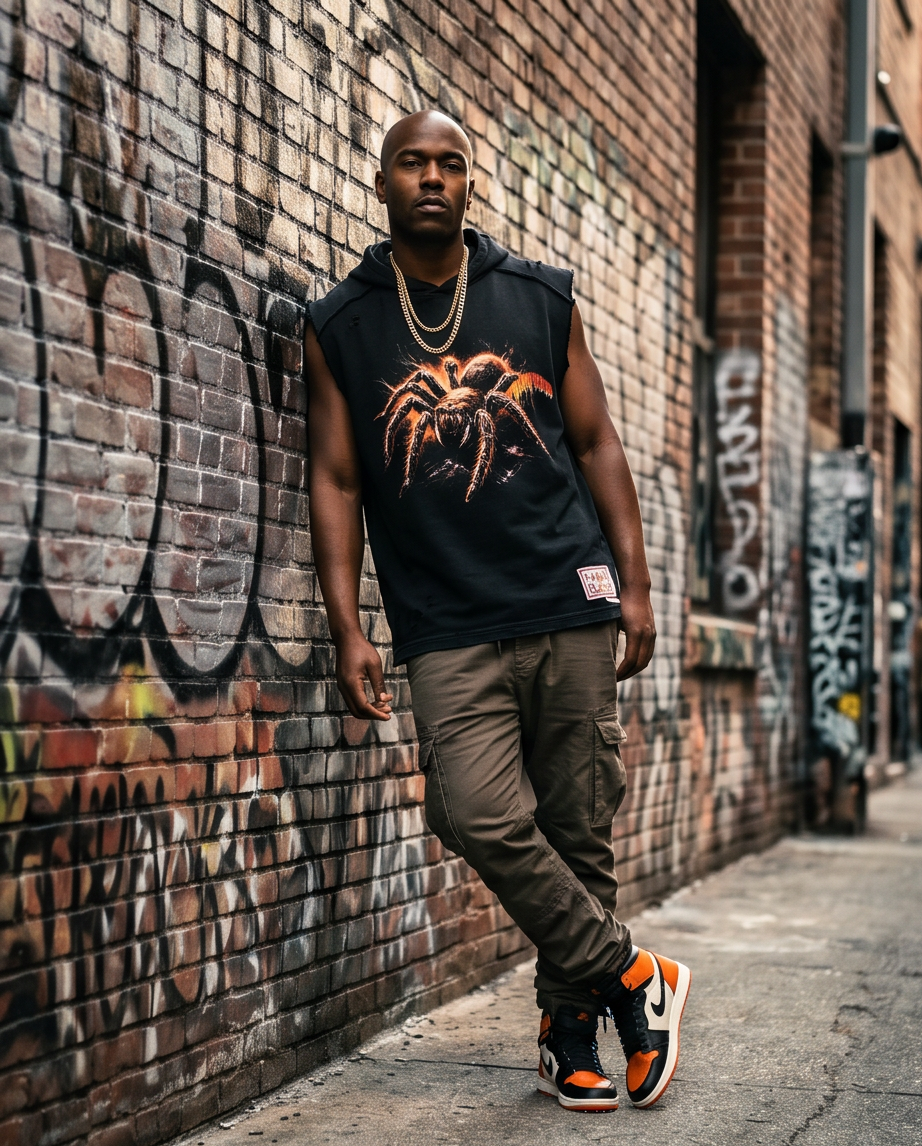 Vintage-Washed Oversized Cutoff Hoodie — Medium — "Spider Force"
