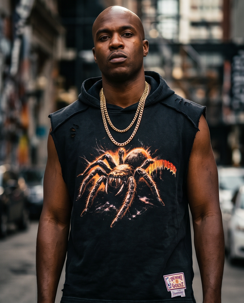 Vintage-Washed Oversized Cutoff Hoodie — Medium — "Spider Force"