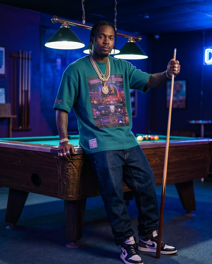 Green Oversized Waffle Knit Tee for Men | Urban T Shirts | Unique Hustler Drank Cup - Demmi Godz Clothing Company