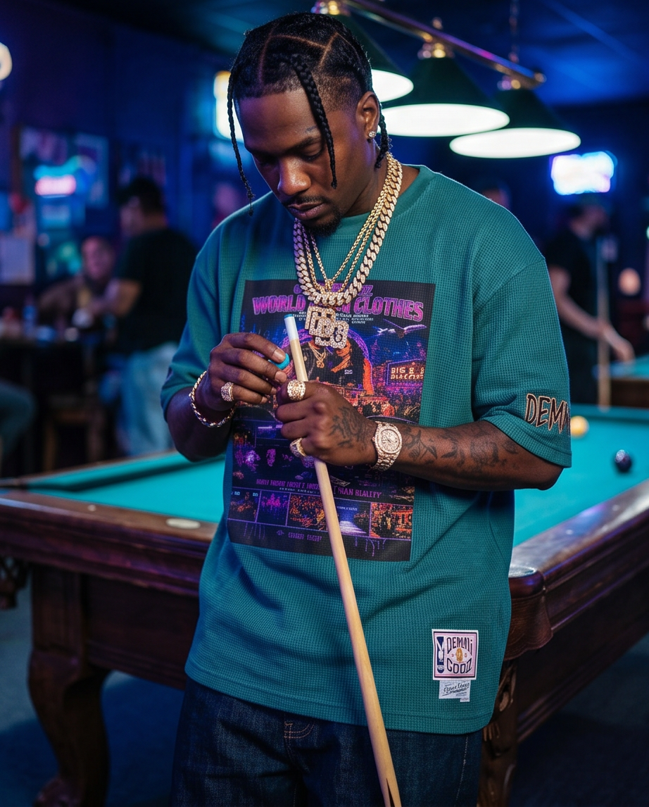 Green Mineral‑Washed Oversized Waffle Knit Tee — XLarge | Signature Hustler Drank Cup (One‑of‑a‑Kind)