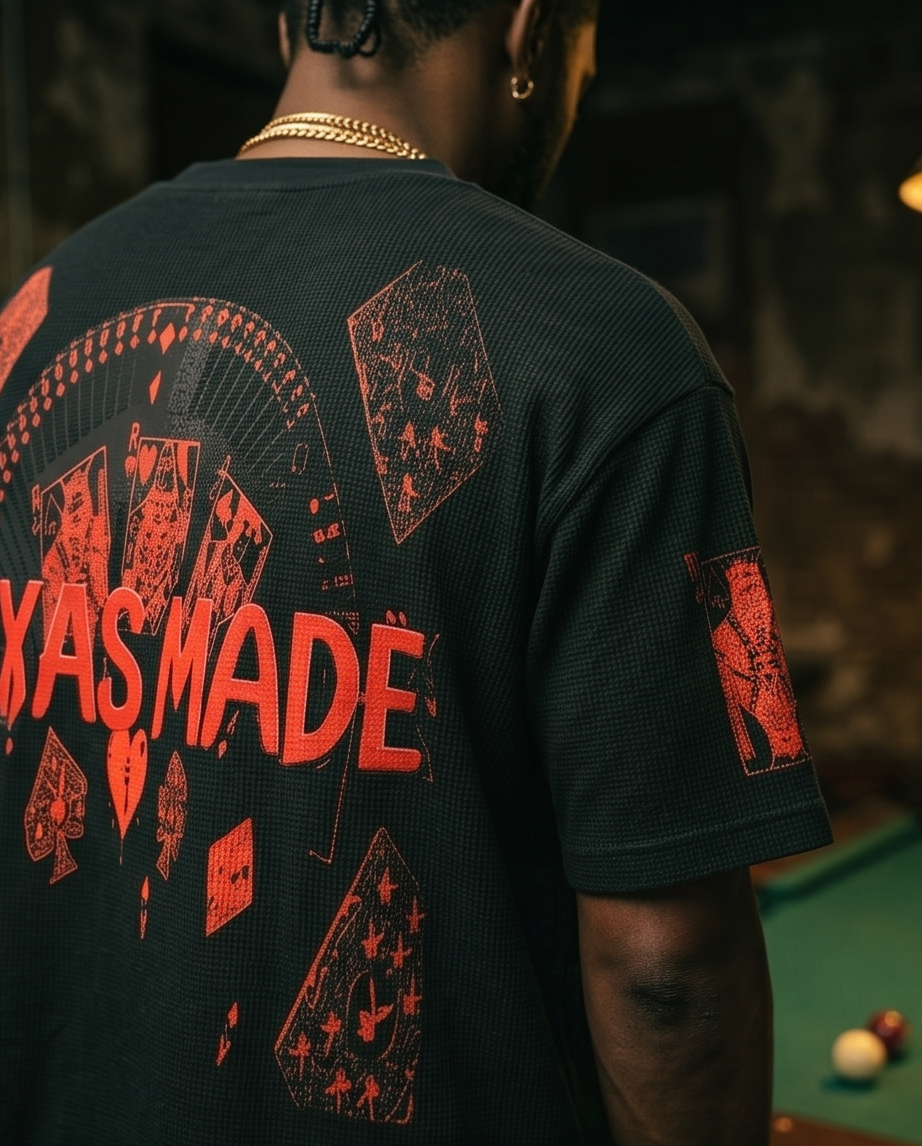 "Ace of Spades" — Black Mineral‑Washed Oversized Waffle Knit Tee (L) — One‑of‑a‑Kind Streetwear