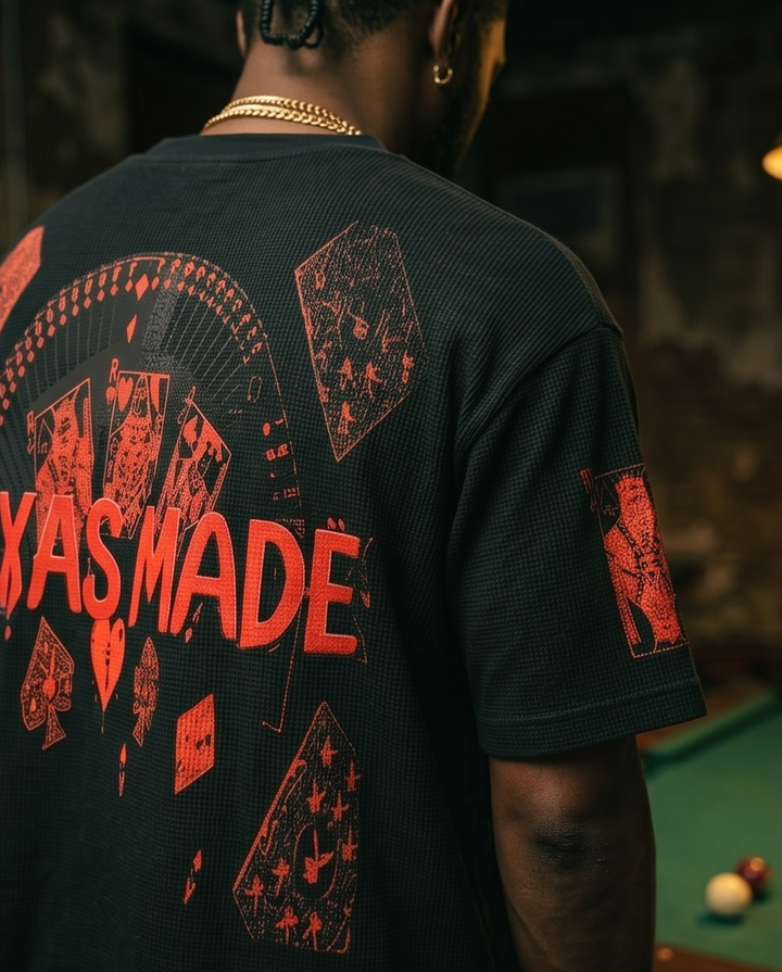 Ace of Spades Oversized Tee - Black Mineral-Washed Waffle Knit T-Shirt for Men - Demmi Godz Clothing Company